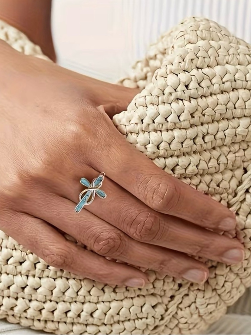Turquoise Cross Silver Ring - Women's Fashion Jewelry - Picture 3 of 4